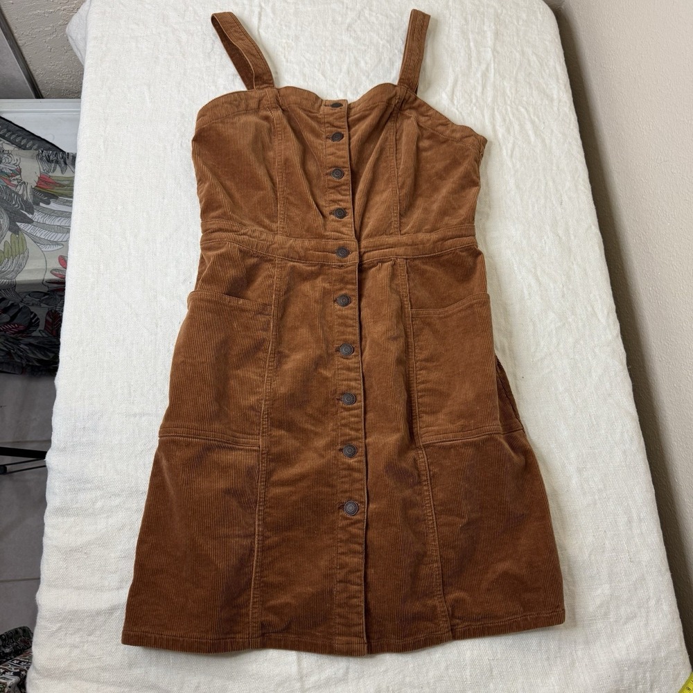 Womens Brown Corduroy Overall Mini Dress Jumper Pinafore Cottagecore Boho Sz 10